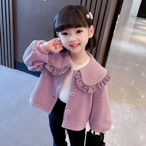 女童外套秋款女宝宝秋装洋气时髦紫色针织开衫2儿童秋季上衣新款3