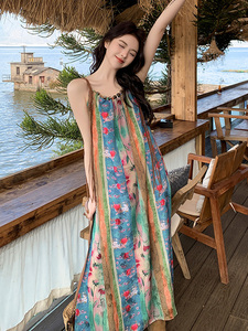 民族风两件套装裙波西米亚吊带连衣裙女夏季大码海边度假沙滩长裙
