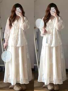 新中式白色刺绣连衣裙女夏季大码胖mm改良汉服国风套装禅意长裙
