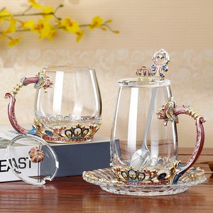 厂家直销珐琅彩水杯欧式水晶玻璃杯花茶杯带盖勺礼盒装杯子家用