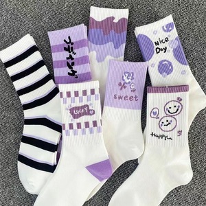 紫色花边袜子女秋季中高筒百搭涤棉长袜学生运动可爱花朵美腿潮袜