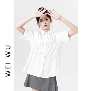 白色POLO领短袖衬衫女夏2024新款设计感褶皱宽松翻领正肩衬衣上衣