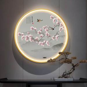 新中式圆形装饰画喜上眉梢客厅玄关挂画带灯LED壁灯卧室餐厅壁画