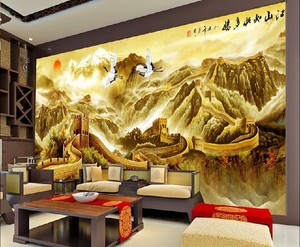 中式3d立体电视背景墙纸国画万里长城山水风景壁纸迎客松壁画墙贴