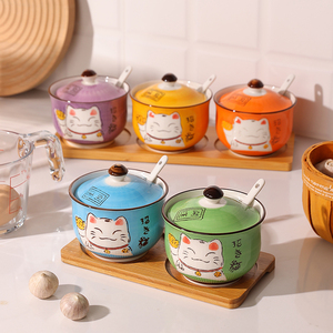 日式调味罐家用放盐鸡精调料罐三件套厨房调料瓶盒子可爱陶瓷创意