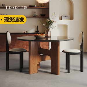 LDAD北欧中古钢化玻璃双层餐桌椅家用法式复古橡木实木圆形饭桌子