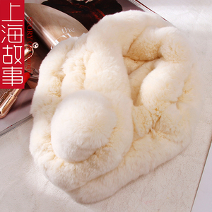 上海故事100%真獭兔毛白色围脖女冬季毛领护颈皮草围巾毛球保暖