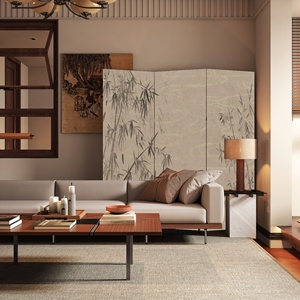 现代简约移动折叠屏风双面防水油画布新中式竹子装饰遮挡客厅茶室