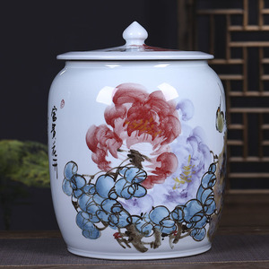 景德镇手绘陶瓷米缸带盖家用30斤50斤密封储物罐茶道带龙头蓄水桶