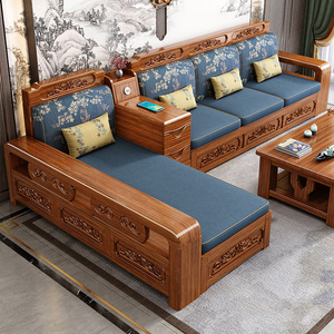 新中式实木沙发胡桃木龙形雕花现代简约家用客厅冬夏两用储物家具