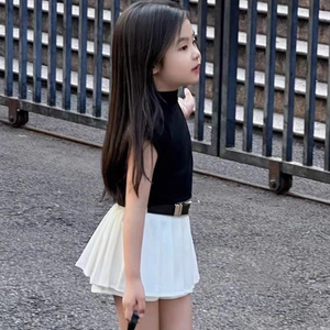2024新款韩版童装夏季女童时髦针织无袖背心甜酷时尚百褶裙裤套装