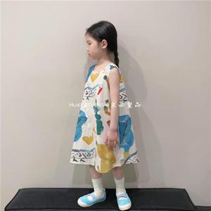 A2024夏季新款韩国版女童可爱扎染伞裙女宝宝洋气无袖公主连衣裙