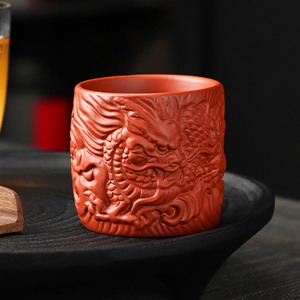 紫砂茶杯红泥主人杯雕刻龙凤对杯品茗杯陶瓷家用大茶杯斗笠杯紫沙