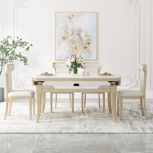 美式轻奢岩板餐桌椅组合现代简约欧式伸缩折叠方圆两用实木吃饭桌