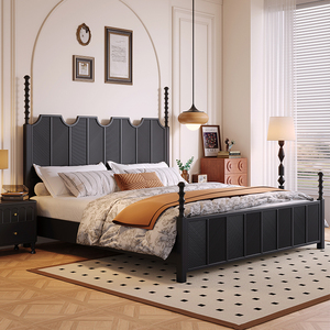 法式雕花床屏主卧双人艾米床1.8米中古风现代简约美式实木硬靠床