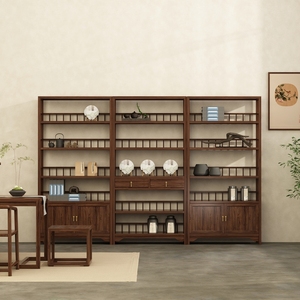 新中式实木博古架展示柜层架古董茶叶架老榆木格子柜多宝阁置物架