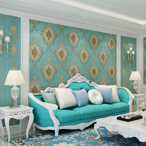 美式现代田园蓝绿色镜子花竖条纹墙纸ab版卧室客厅电视背景墙壁纸