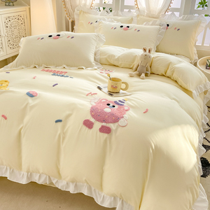 公主风水洗棉床上四件套荷叶边卡通被套床单三件套夏季床笠款床品