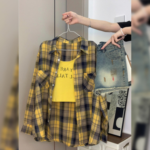 黄色格子衬衫女夏款外套2024新款夏季美式复古设计感小众防晒衬衣