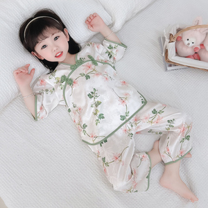 女童冰丝睡衣夏季薄款女宝宝中国风家居服套装儿童夏款缎面空调服