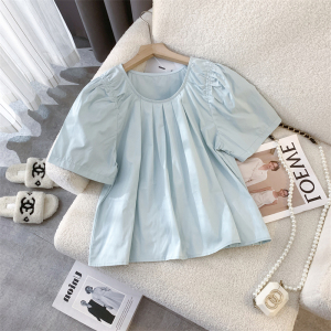 法式小众泡泡袖褶皱衬衫女夏季设计感洋气时尚别致小衫天蓝色上衣