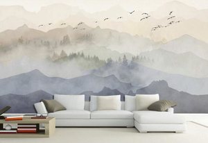 新中式手绘大山墙纸禅意古典艺术P壁纸客厅电视背景墙水墨山水壁