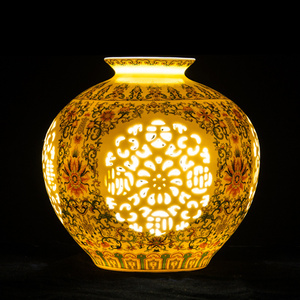景德镇陶瓷花瓶石榴瓶摆件搂空新中式家居客厅博古架瓷器装饰品