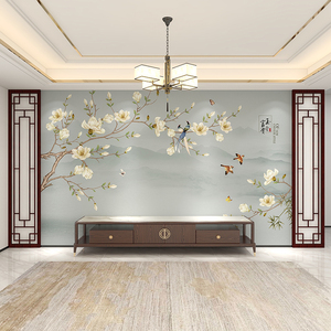 新中式花鸟山水电视背景墙自粘客厅沙发墙纸书房茶室定制壁画