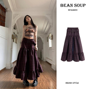 Bean Soup/豆汤 高级感紫红色格纹半身裙女秋冬小众拉链拼接长裙
