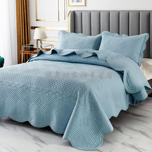 美式纯棉床盖单件全棉绗缝被缝衍被夹棉床单出口欧美蓝色1.5床：|