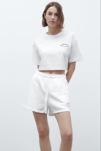 ZARA KISS夏季新款领刺绣字母短版T恤文字装饰绒布短裤女 4174340