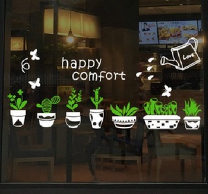 创意田园小花草盆栽墙贴纸咖啡奶茶汉堡店铺玻璃橱窗窗户墙贴画