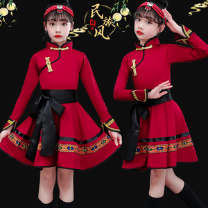 抖音蒙古族白马同款舞蹈服女儿童草原筷子舞少数民族演出服裙装红