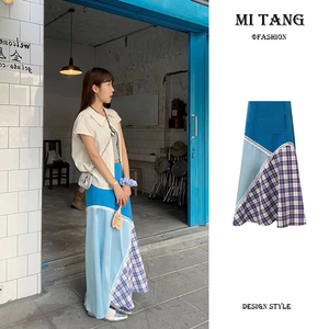 MI TANG/米汤 小众蓝色格纹半身裙女春夏设计感蕾丝边鱼尾长裙
