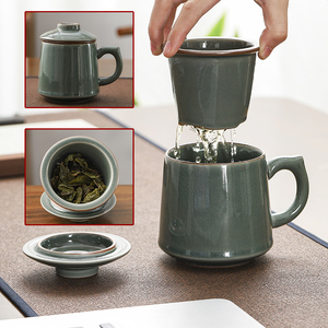 汝窑冰花陶瓷茶杯办公室可开片泡茶水杯个人茶水分离带盖马克杯子