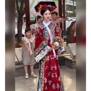 清代女装国风汉服清朝旗装格格服装新中式宫廷风红色印花连衣裙子