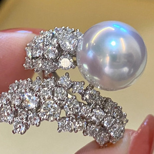 vintage法式澳白珍珠满钻戒指女开口ins小众潮流复古高级感食指环