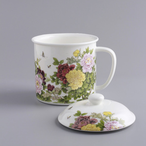 唐山骨瓷大容量马克杯带盖子中式大茶杯家用陶瓷水杯办公咖啡杯子