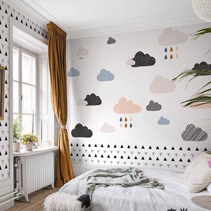 北欧无缝墙纸手绘云朵儿童卧室墙布男孩女孩房ins风定制壁画壁纸