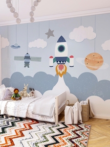 北欧卡通火箭背景墙纸儿童房乐园墙布男孩女孩卧室壁画游乐场壁纸