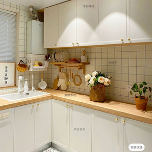 厨房墙纸自粘台面改造防水家用日系原木奶油色橱柜门自贴壁纸包旧
