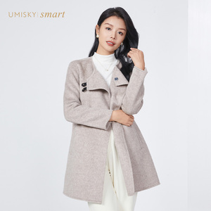umisky优美世界2023冬新款系带双面尼大衣100%羊毛呢外套VI4E2006