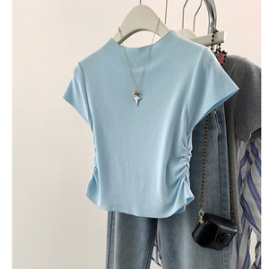 蓝色冰丝针织短袖t恤女夏季2024新款半高领短款修身收腰体恤上衣