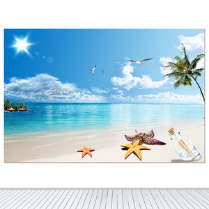 蓝天白云沙滩风景画墙贴壁画海鸥海星贝壳大海客厅卧室装饰画自粘