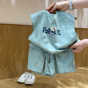 韩国童装男童夏季套装儿童宽松休闲宝宝蓝色无袖t恤短裤两件套潮