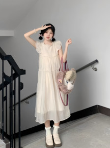 法式气质小飞袖连衣裙女2024年夏季新款小个子设计感仙女雪纺裙子