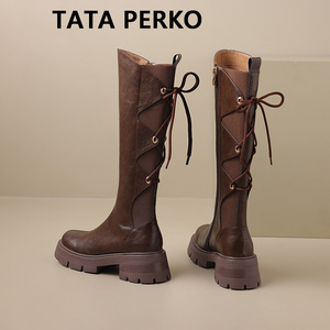 TATA PERKO联名长靴女2023秋冬新款复古绑带小个子厚底高筒骑士靴