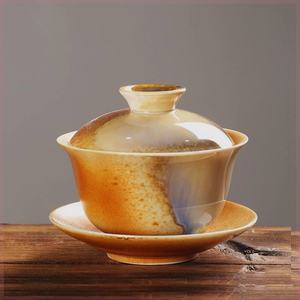 手绘柴烧陶瓷窑变三才盖碗单个家用柴窑主人杯茶杯功夫茶具套装