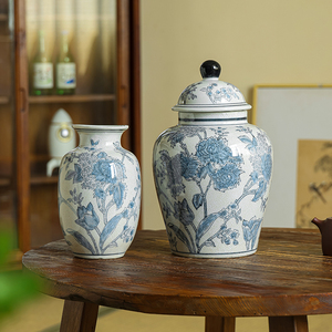 复古青花瓷蓝陶瓷花瓶冰裂开片做旧陶瓷花瓶高温烧制水培陶瓷花瓶