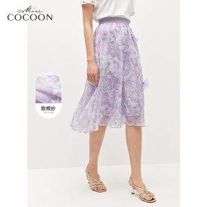 missCOCOON印花长裙夏款少女感网纱花朵手工钉珠紫色半裙